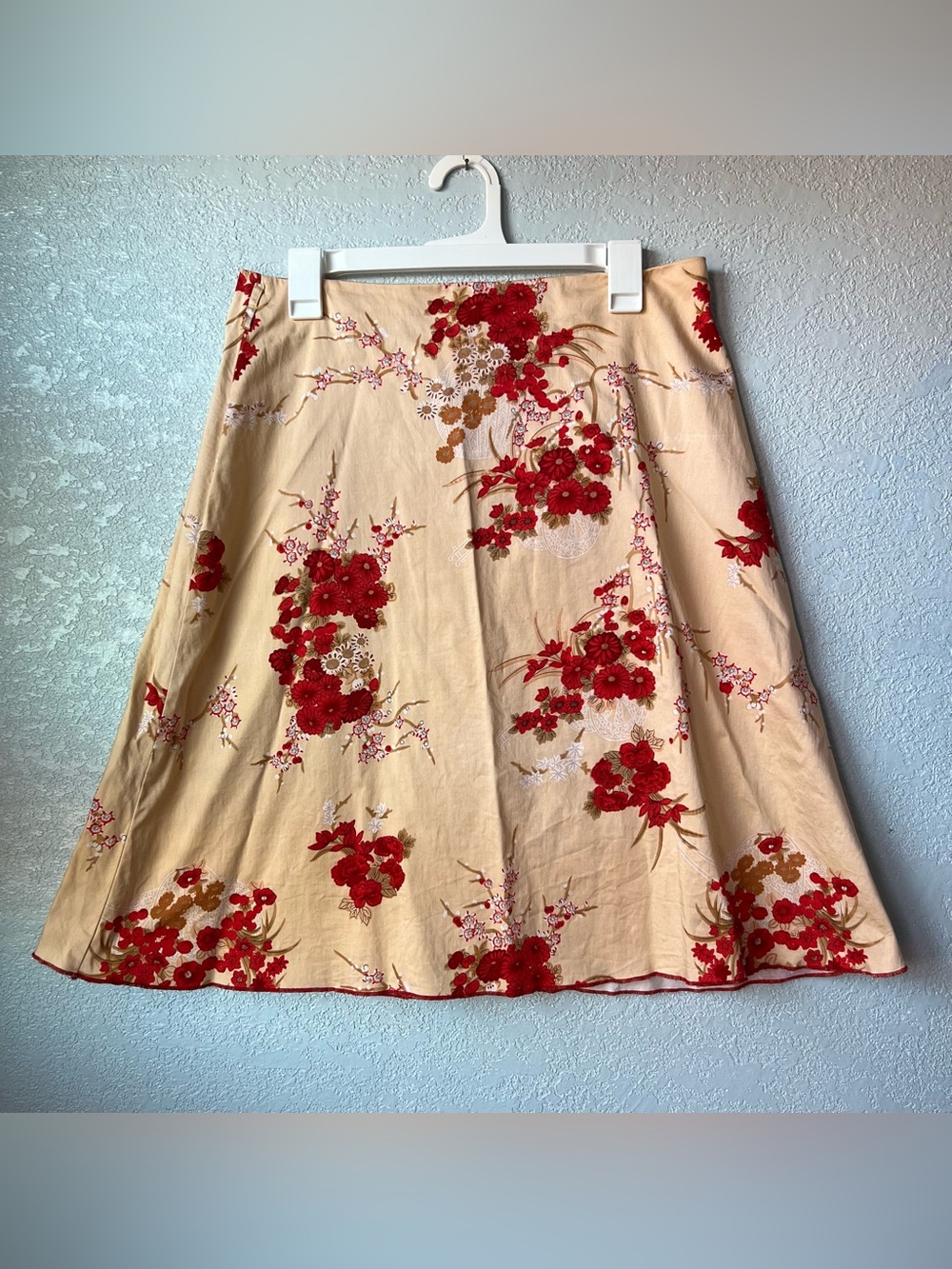 Y2K Notations Cottagecore Beige Red Floral A-Line Midi Skirt Women’s Large